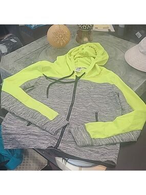 Victoria Secret Pink Tracksuit Gray Neon Green Full Zip Hoodie Large like new